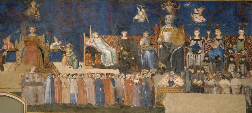 Historisches Wandgemälde zeigt eine Gruppe von Figuren, darunter Herrscher, Soldaten und allegorische Gestalten (evtl. Darstellung einer Gerichtsverhandlung, anderen wichtigen Veranstaltung), umgeben von einer lebhaften Szene voller Farben.