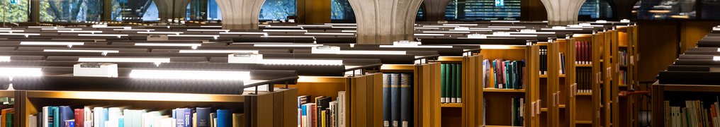 Beleuchtete Bücherregale aus hellem Holz im Treppenhaus des MPI-CSL