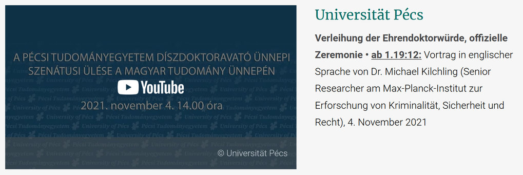 Universität Pécs – Verleihung der Ehrendoktorwürde an Dr. Michael Kilchling