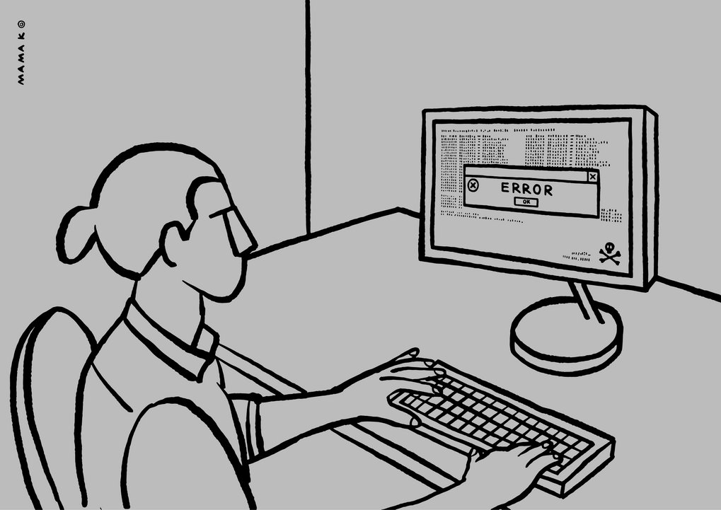 A person sits at a desk, concentrating and typing on the keyboard; an error message (ERROR) is displayed on the computer screen; a poison symbol is shown in the bottom right-hand corner. (Drawing in gray/black).