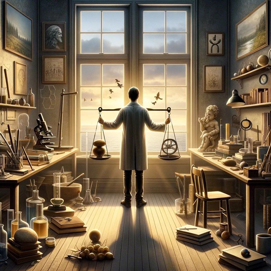 A man stands in a workshop in front of a large window in the light; he looks outside at the sea/sky and holds a large scale loaded with two objects; old-fashioned setting, scientific instruments/equipment, etc.