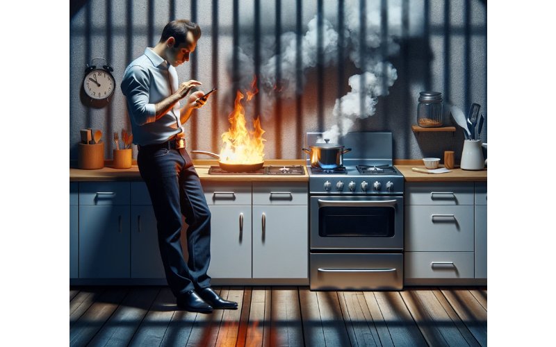 In a kitchen, flames are blazing from a pan, and a pot is steaming next to it. On the left is a man typing on his smartphone. (Stylized illustration).