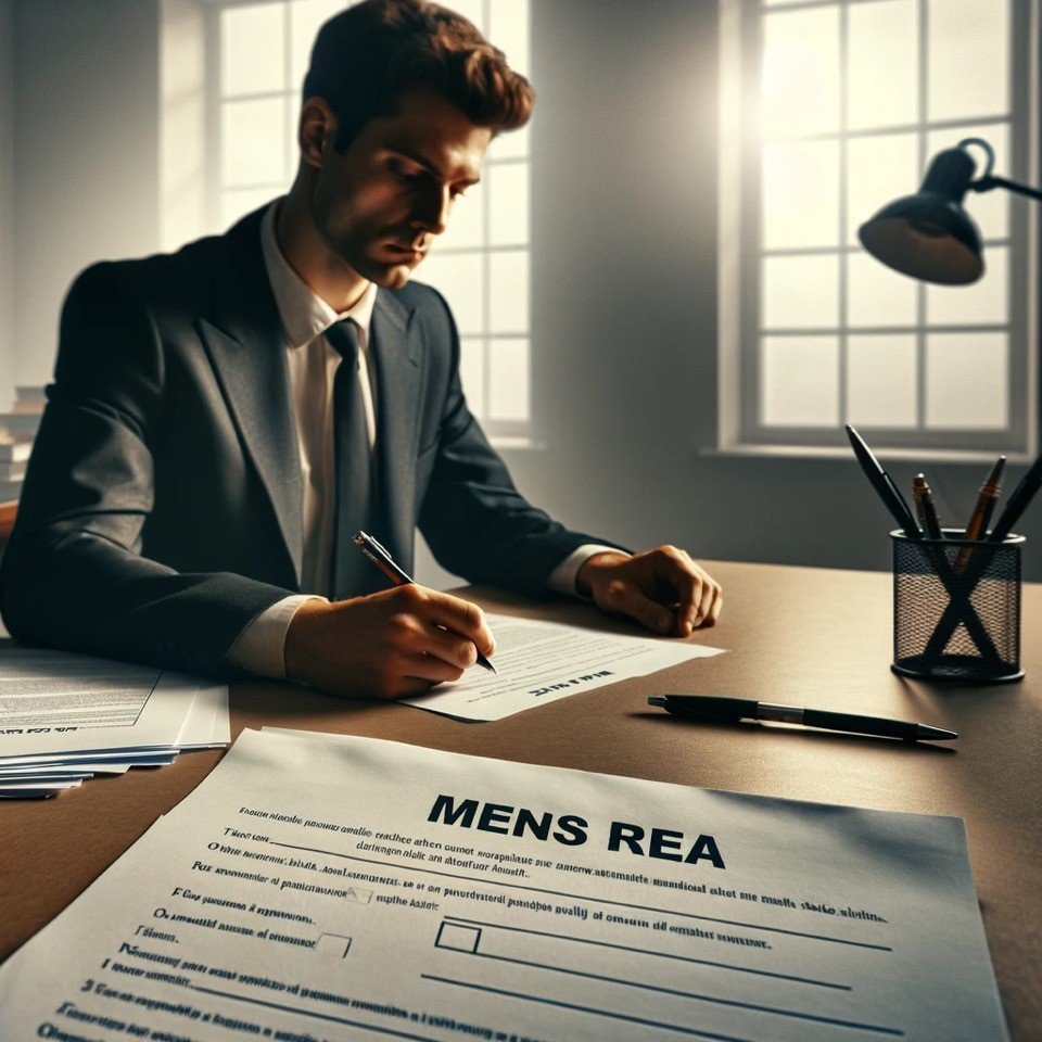 A man in a suit sits at a desk covered with documents, including a sheet at the front, a kind of form with the heading “Mens Rea.” The man holds a pen in his hand and is writing; daylight streams in through a lattice window.