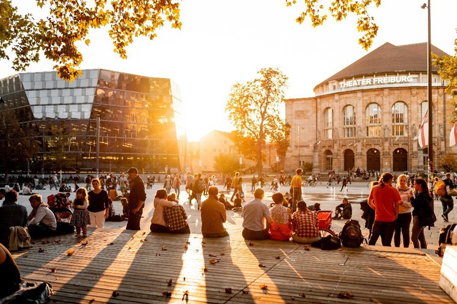 Freiburg/Germany, place in front of the university library and the municipal theatre