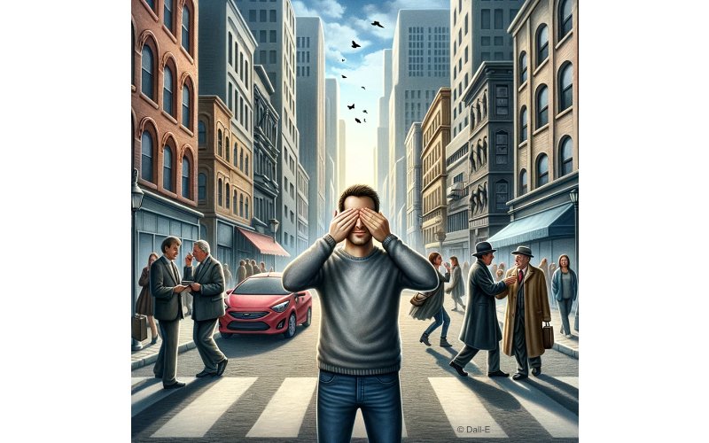 People on a busy city street between tall buildings, a red car drives by; birds fly between skyscrapers. In the middle of the street, on a crosswalk, stands a man covering his eyes with both hands, unable to see his surroundings. (Stylized illustration).