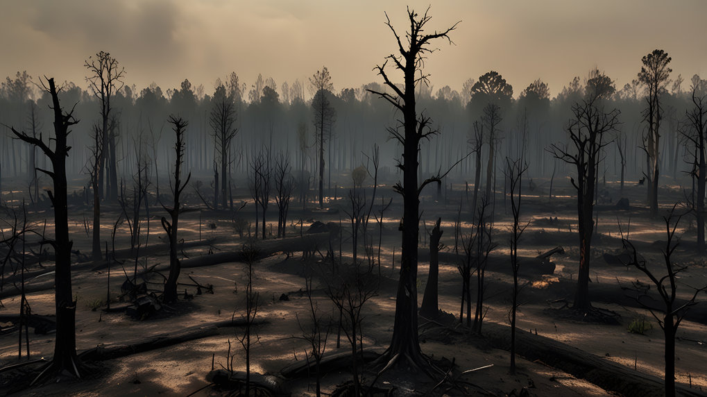 A forest ravaged by war, with charred trees, blackened ground, and lingering smoke, capturing the environmental devastation caused by armed conflicts / Projekt Horkheimers kritische Theorie des Rechts