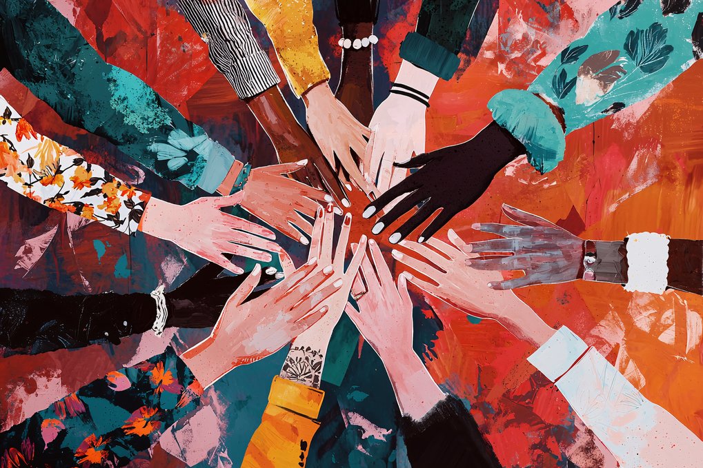 The image portrays varied hands coming together in unity, representing shared understanding and respect in partnerships.