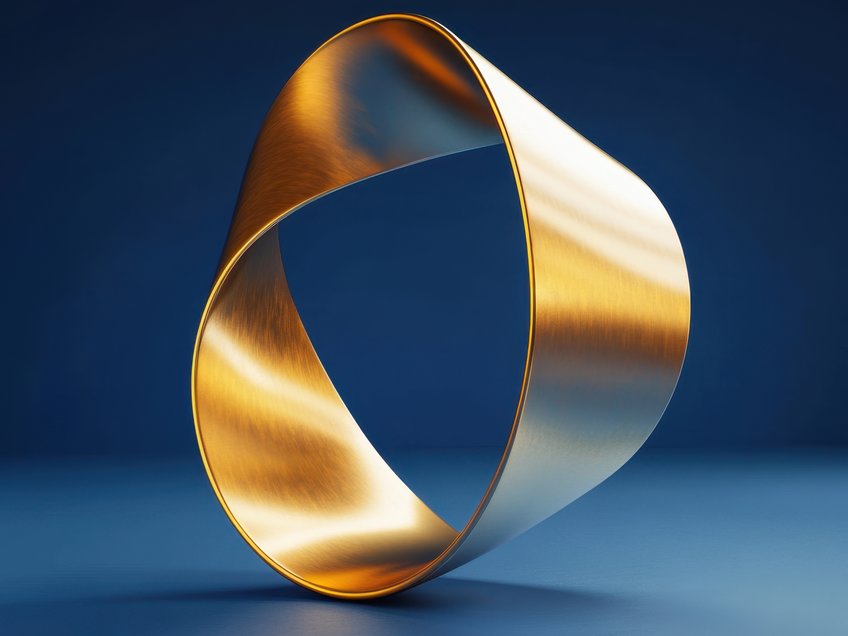 Amalia Holst and the Paradox of Public Reason Elegant golden mobius strip on a dark blue background showcasing its smooth surface and infinite loop concept with soft lighting and a modern style